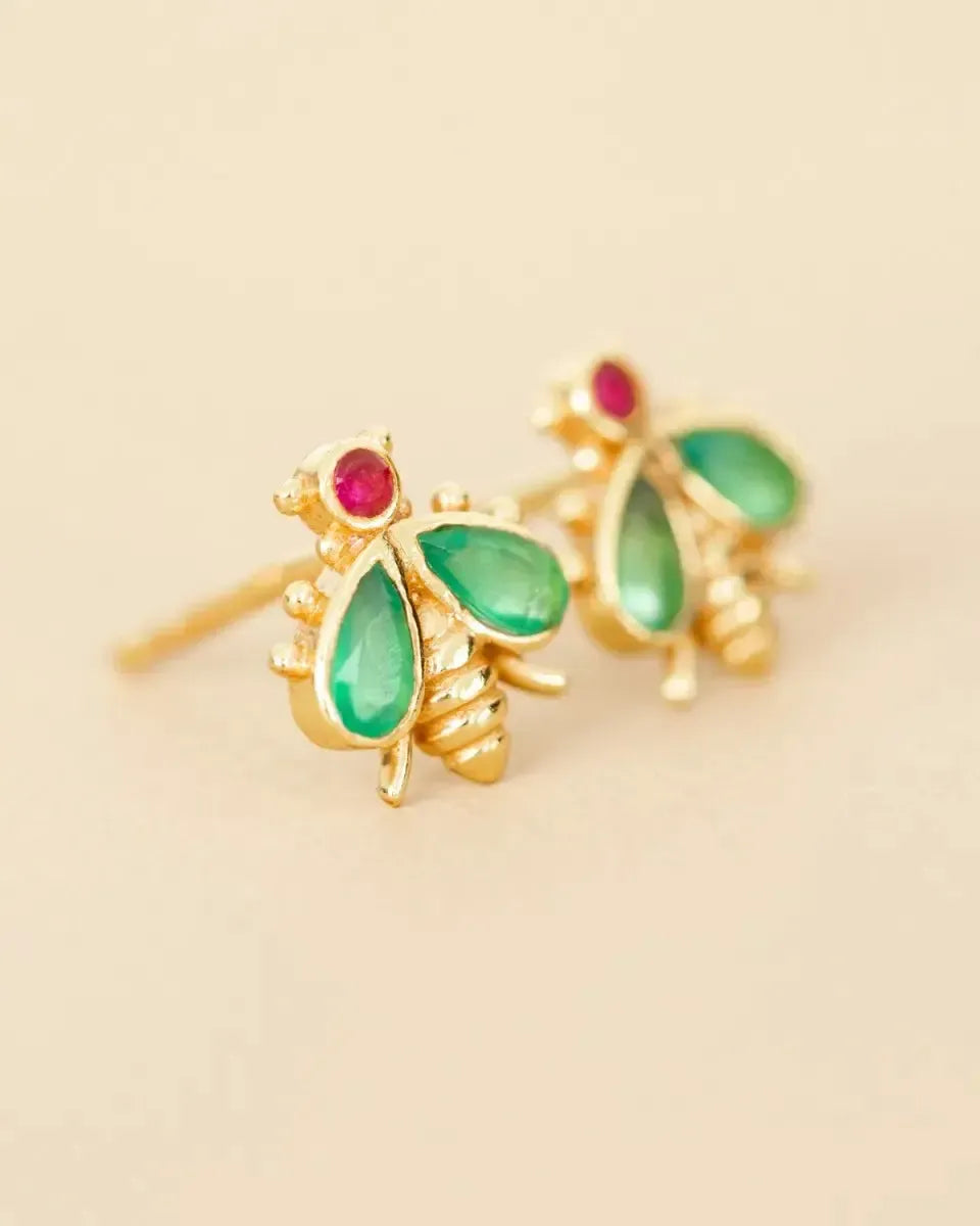 Auskarai su žaliuoju agatu ir rubinu “Bitės”