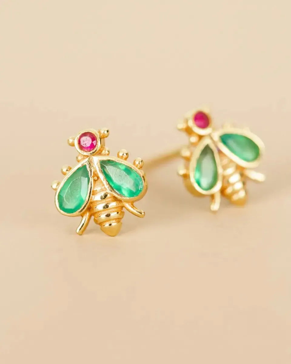 Auskarai su žaliuoju agatu ir rubinu “Bitės”