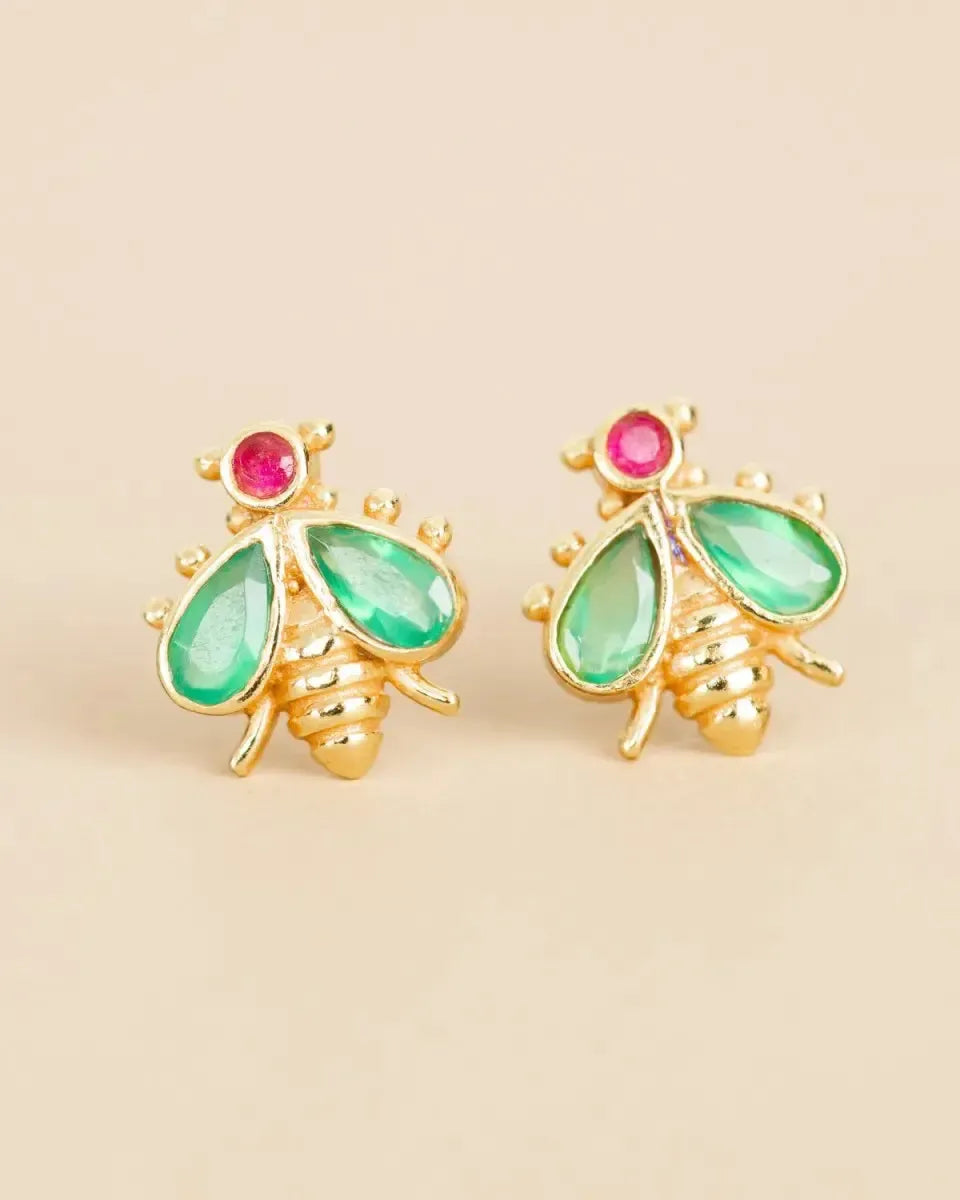 Auskarai su žaliuoju agatu ir rubinu “Bitės”