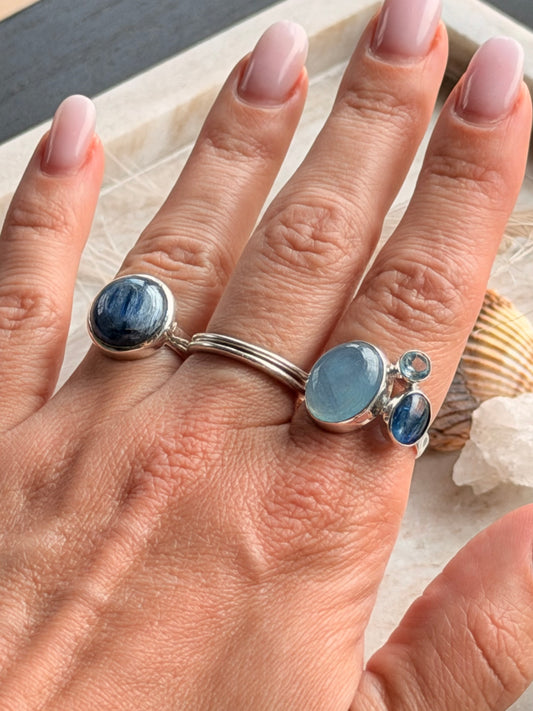 Silver ring with blue chalcedony, kyanite and topaz