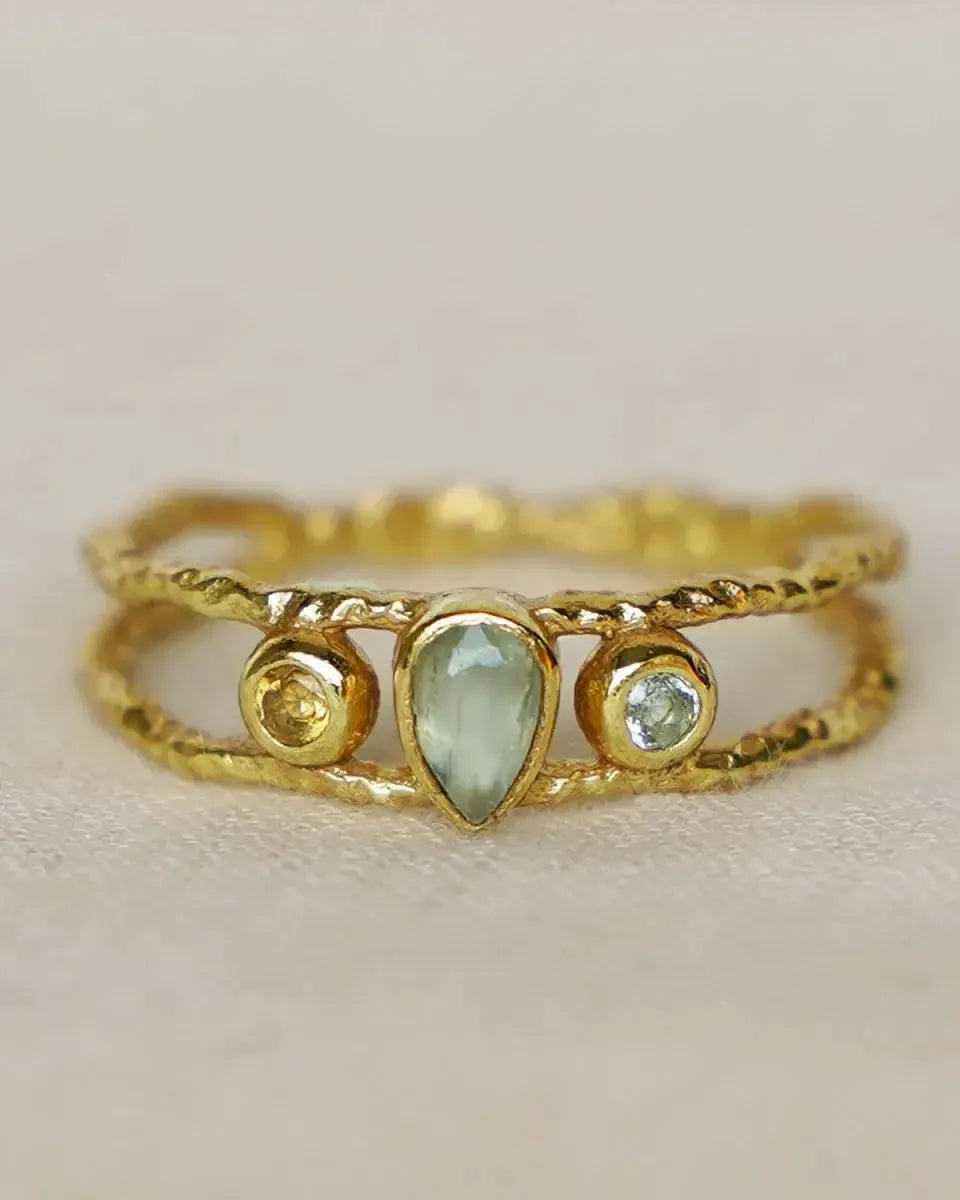 Žiedas su citrinu, topazu ir prenitu