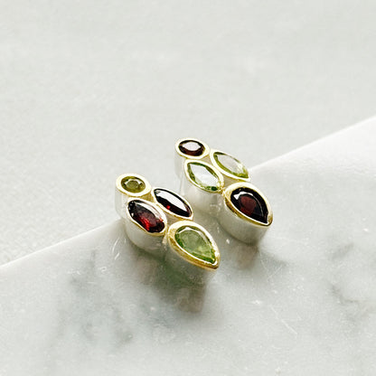 Sidabriniai auskarai su granato ir peridoto kristalais