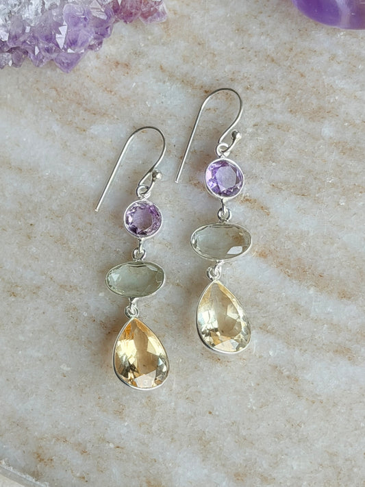 Silver earrings with citrine and amethyst crystals