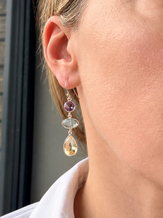 Silver earrings with citrine and amethyst crystals