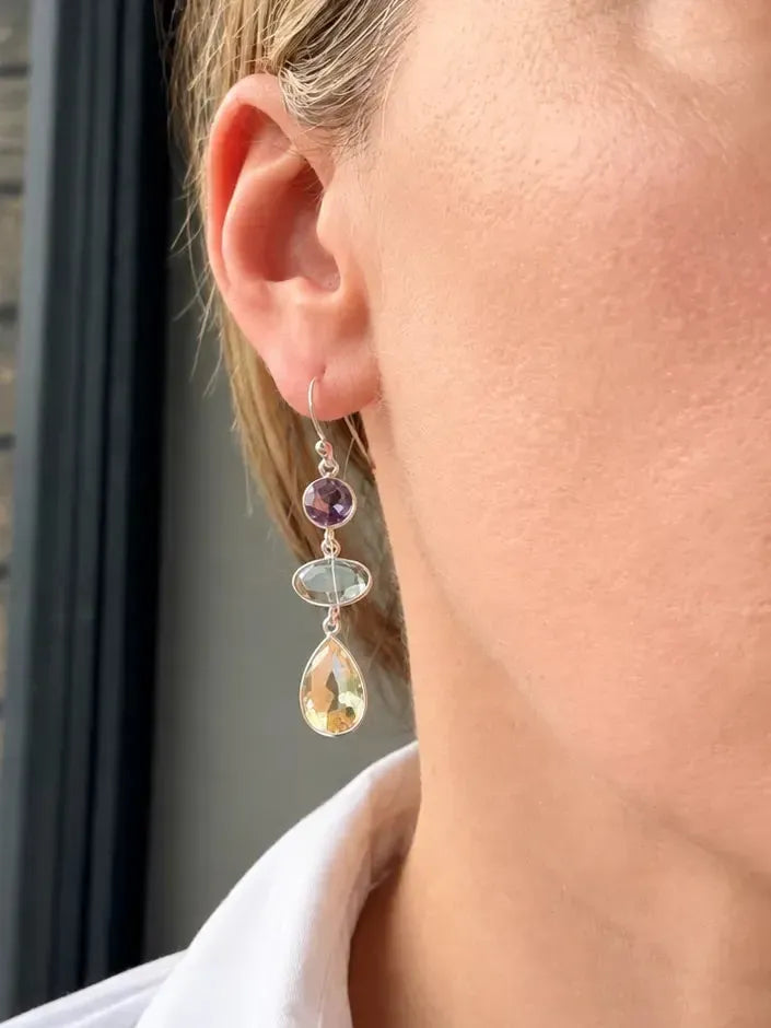 Silver earrings with citrine and amethyst crystals