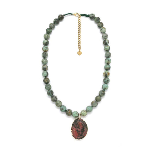 Afrikietiško turkio ir rodonito vėrinys "Alsuojanti Žemė"