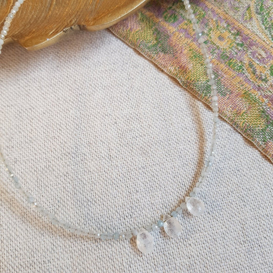 Aquamarine necklace with moonstone drops