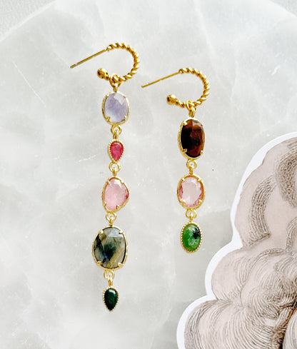 Auskarai su labradoritu ir rožiniu kvarcu