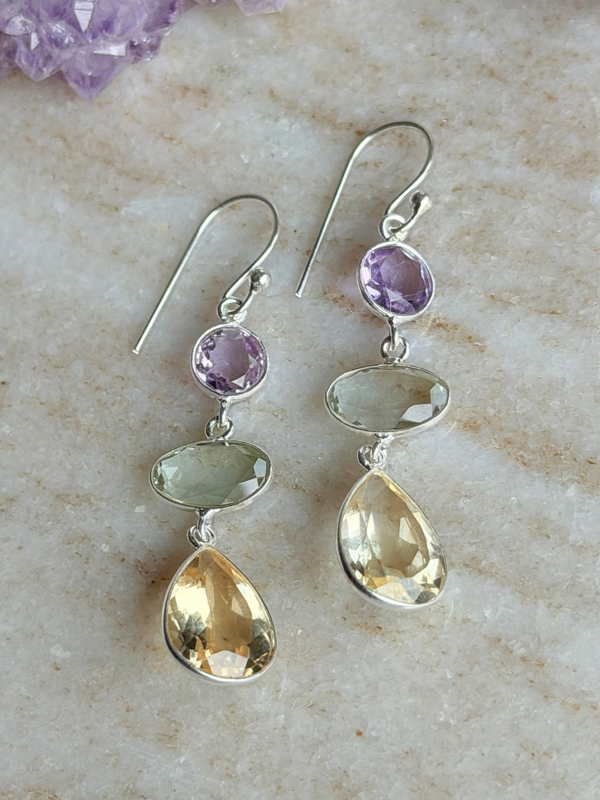 Silver earrings with citrine and amethyst crystals