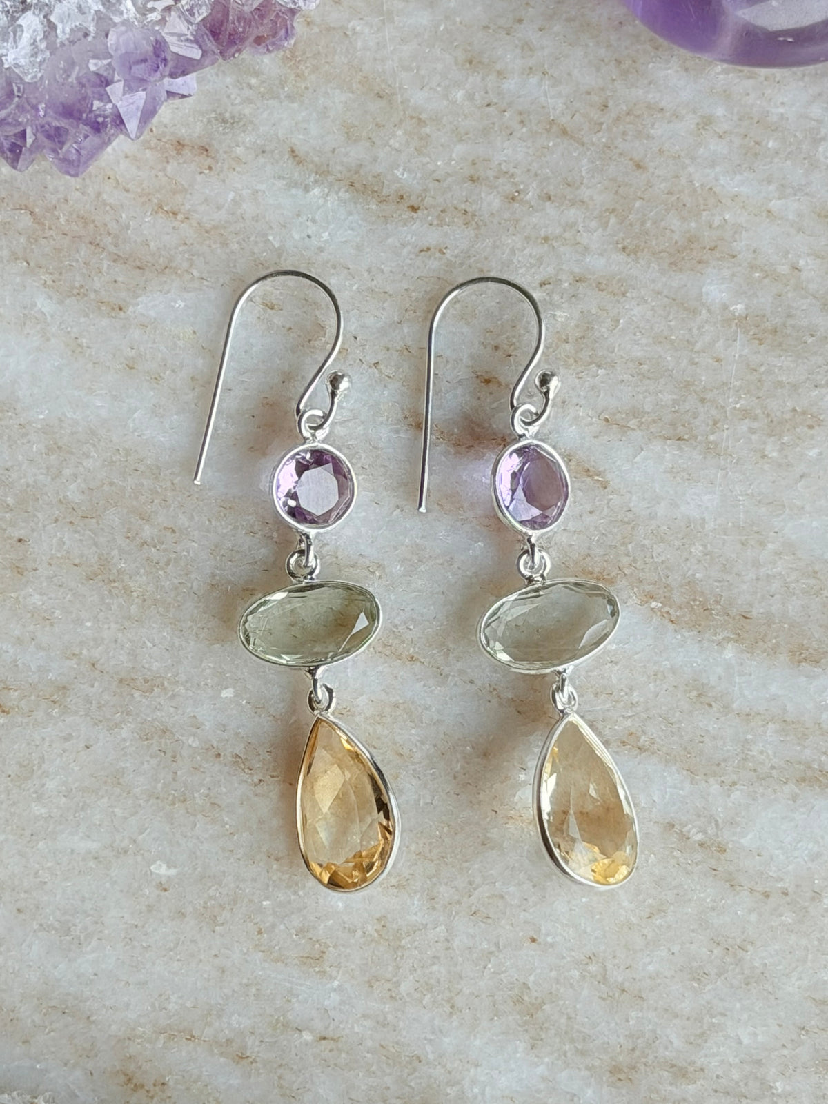 Silver earrings with citrine and amethyst crystals