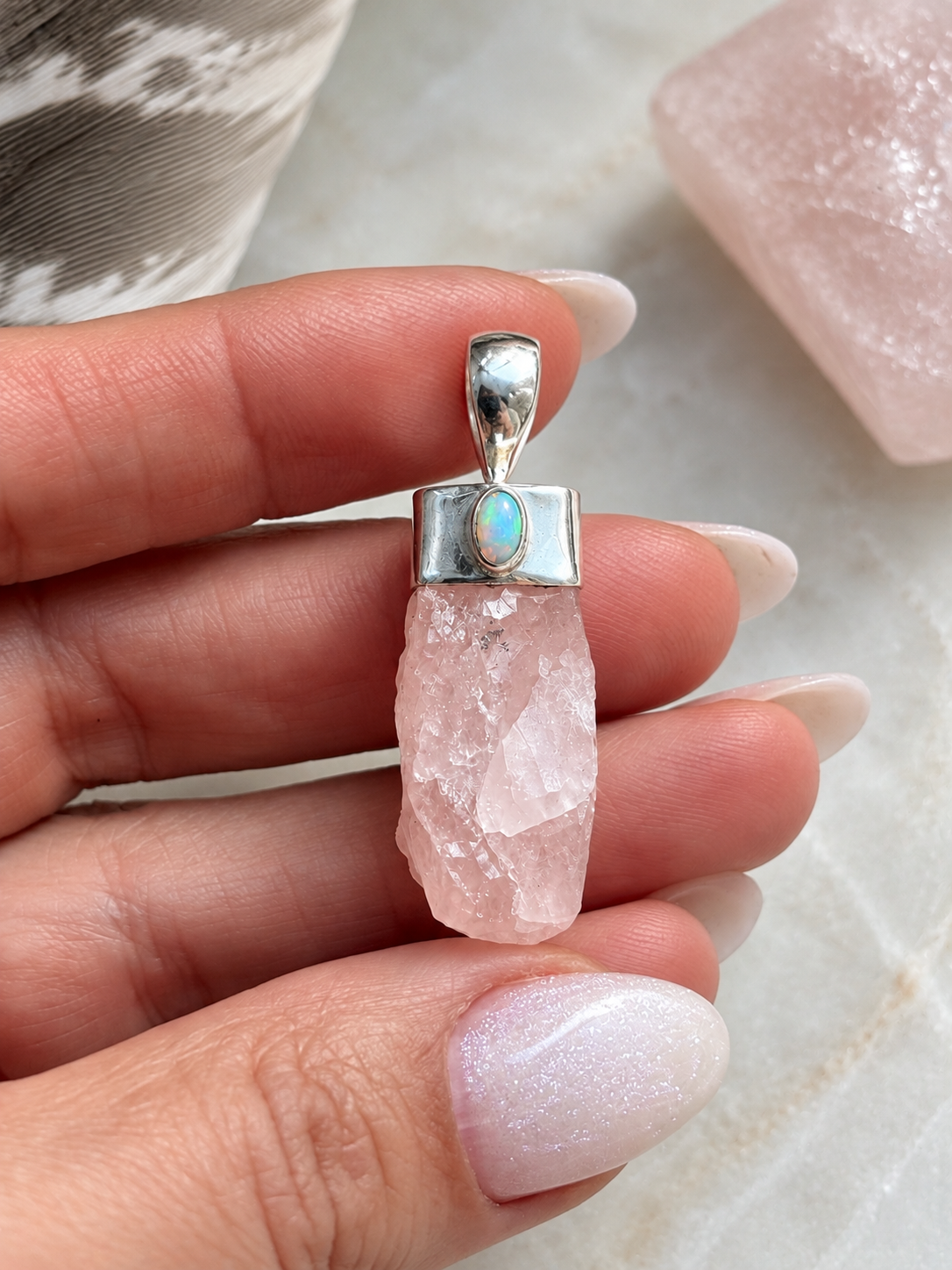Rose quartz and opal pendant