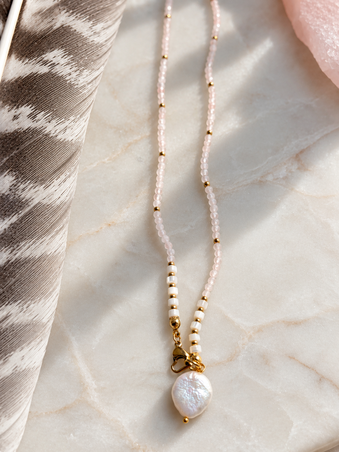 Rose quartz and pearl necklace