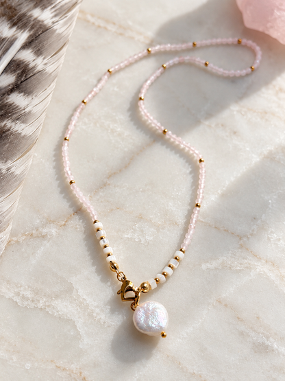 Rose quartz and pearl necklace