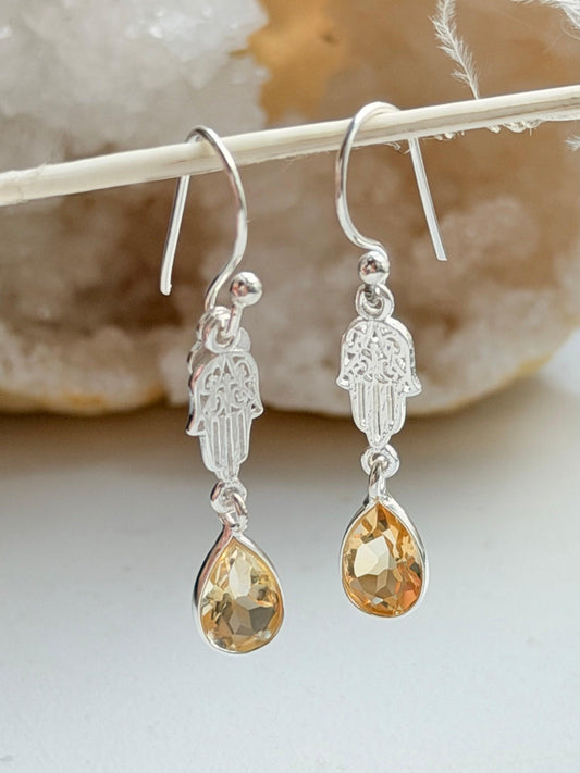 Sidabriniai Citrino auskarai “Hamsa”