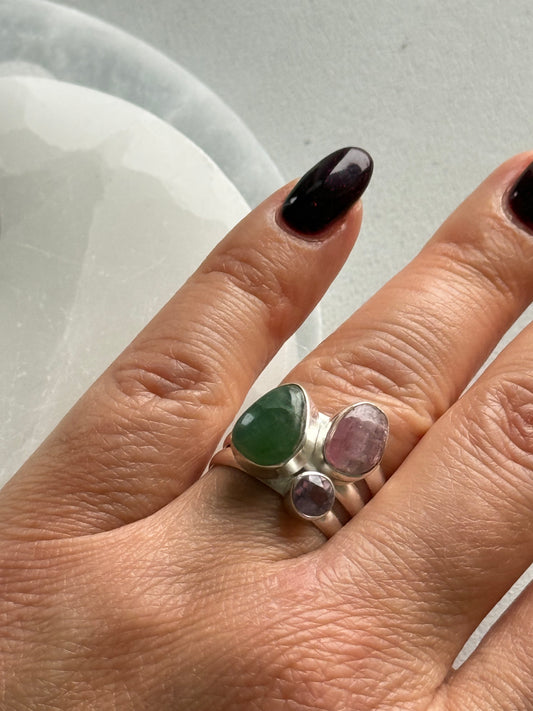 Sidabrinis turmalino, fluorito ir ametisto žiedas / 16 dydis