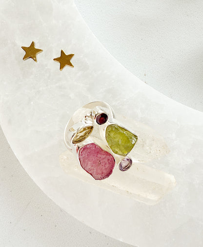 Sidabrinis turmalino, fluorito ir ametisto žiedas / 16 dydis