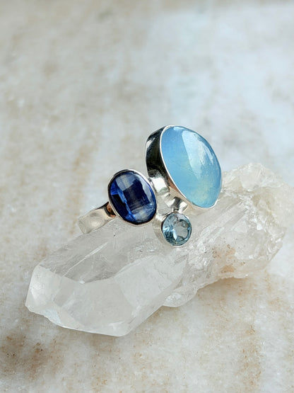 Silver ring with Blue Chalcedony, Kyanite and Topaz