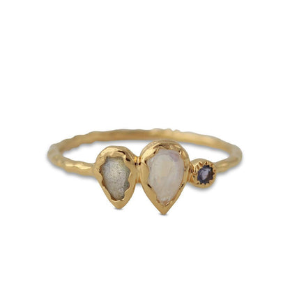 Ring with labradorite, moonstone, and iolite crystals