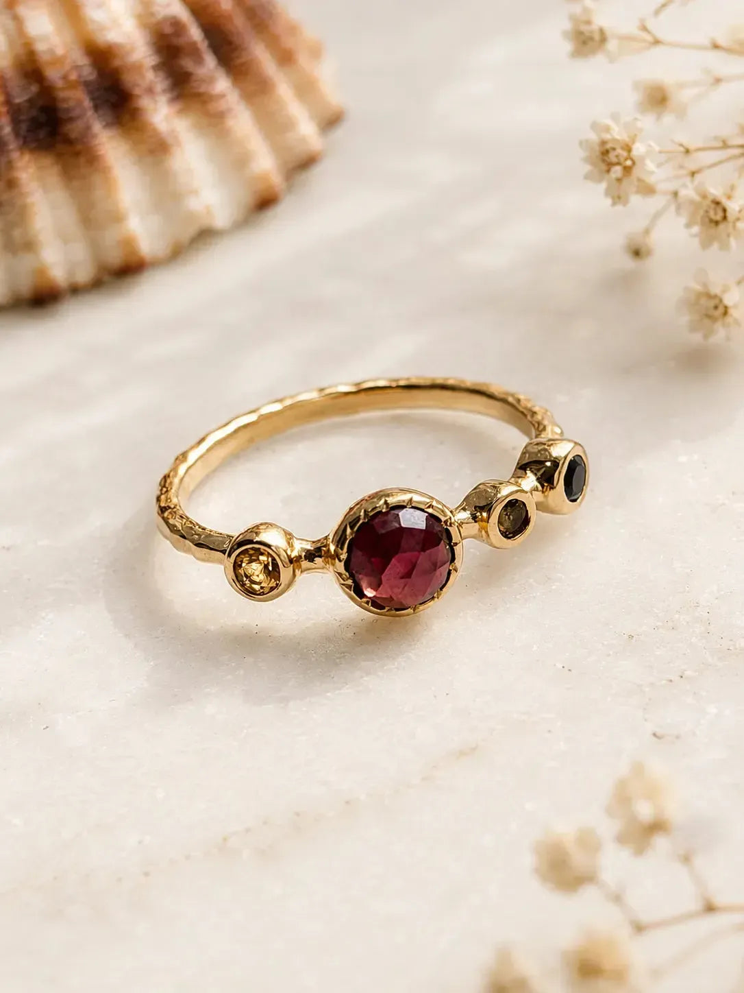 Ring with rhodolite, citrine, and amethyst